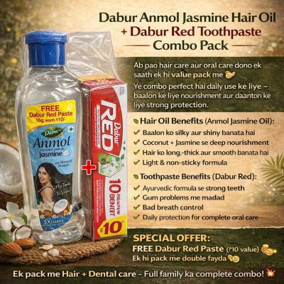 DABUR ANMOL COCONUT JASMINE  HAIR OIL 100ml AND DABUR RED TOOTHPASTE 16gm FREE